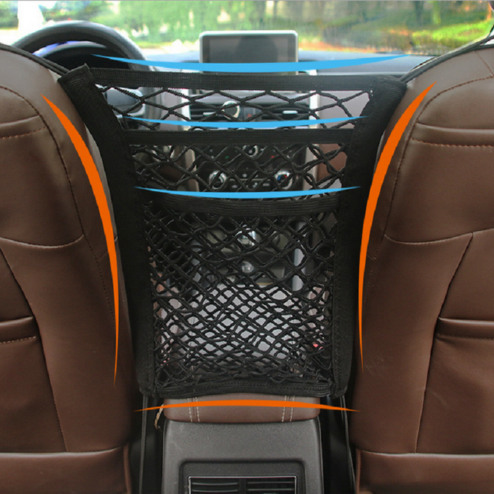 Perspective view of a car seat storage net organizer, showcasing ample storage for car essentials