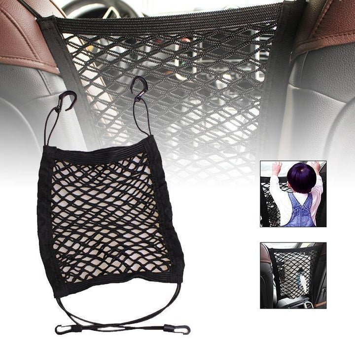 Hand inserting a water bottle into the car organizer's mesh pocket, demonstrating its storage capacity