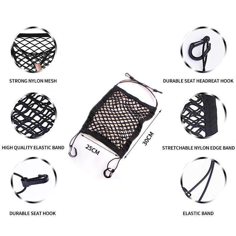 Detailed image of the hooks and adjustable straps of the car seat storage net organizer for secure fit