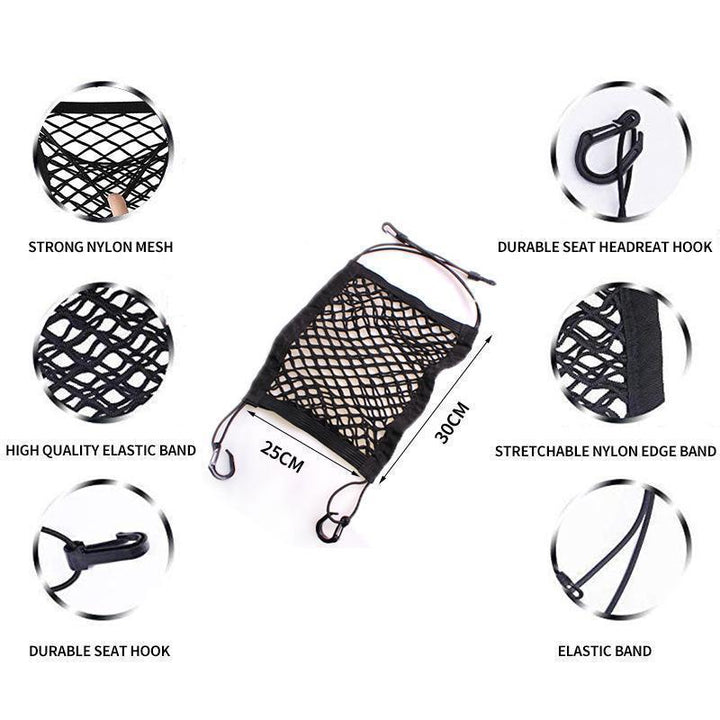 Detailed image of the hooks and adjustable straps of the car seat storage net organizer for secure fit