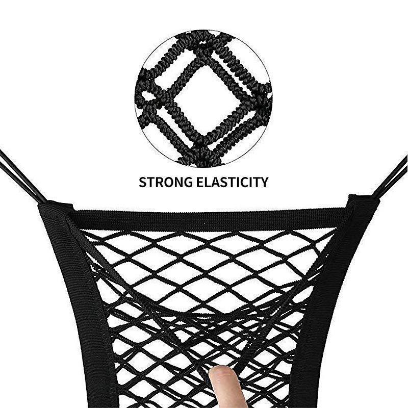 Empty car seat storage net organizer, emphasizing its sleek design and easy installation in a vehicle