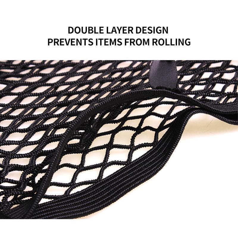 Unisex car seat storage net organizer holding a tablet, snacks, and a book for car travel convenience