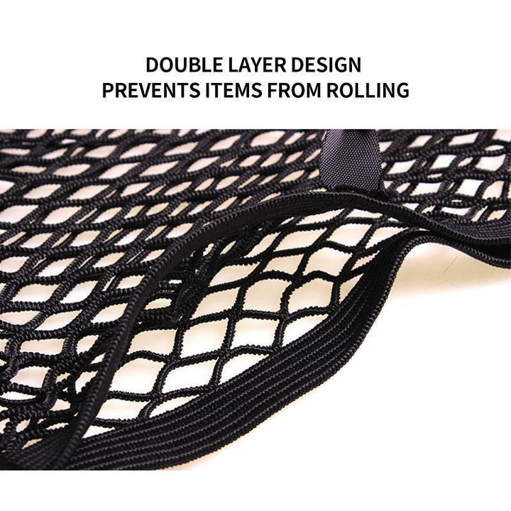 Unisex car seat storage net organizer holding a tablet, snacks, and a book for car travel convenience