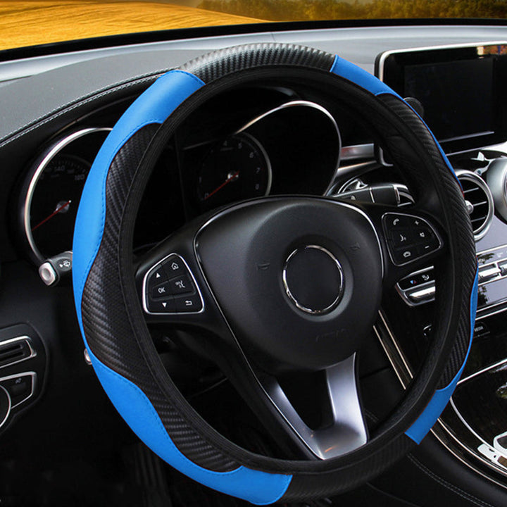 Unisex carbon fiber leather steering wheel cover for automotive, non-slip grip