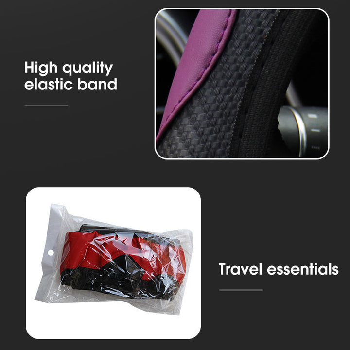 Close-up of carbon fiber leather steering wheel cover texture, non-slip