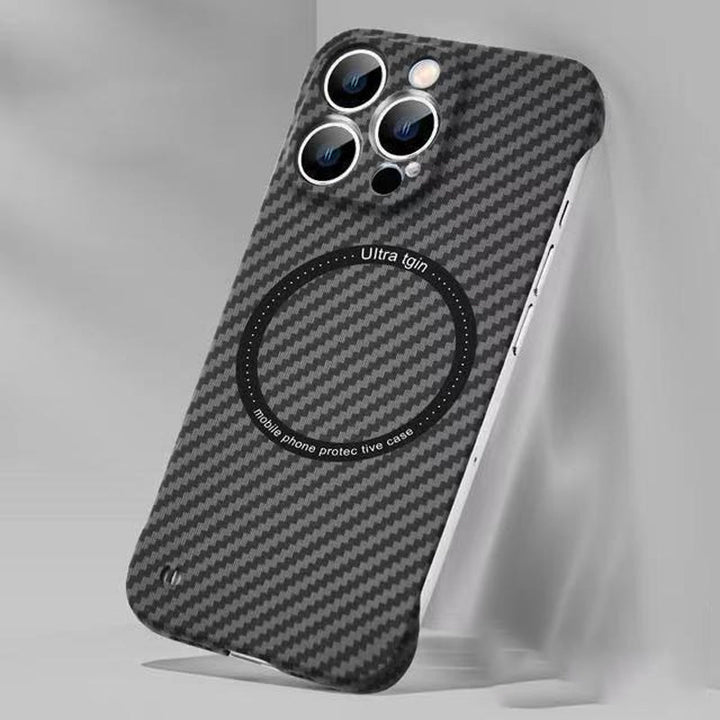Sleek Carbon Fiber frameless iPhone case, ideal for magnetic charging