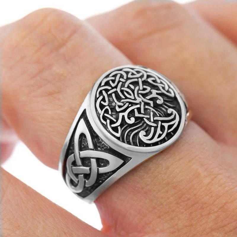 Close-up of a silver alloy unisex Celtic Tree of Life ring, ideal for a meaningful gift.