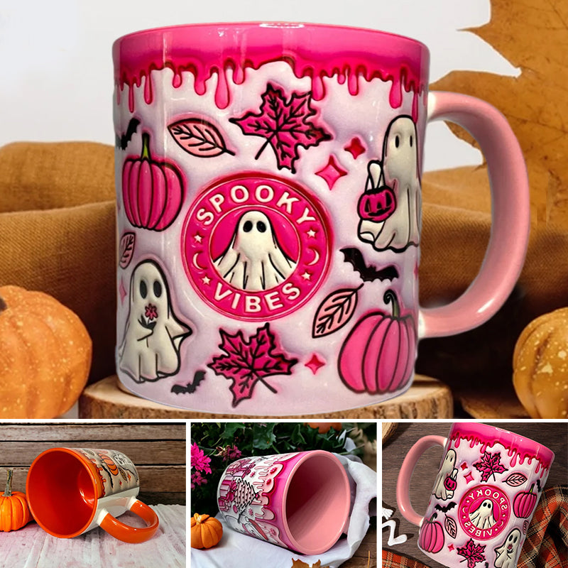 Unisex ceramic pumpkin coffee mug with a friendly ghost design, perfect for Halloween gifts and autumn kitchens.