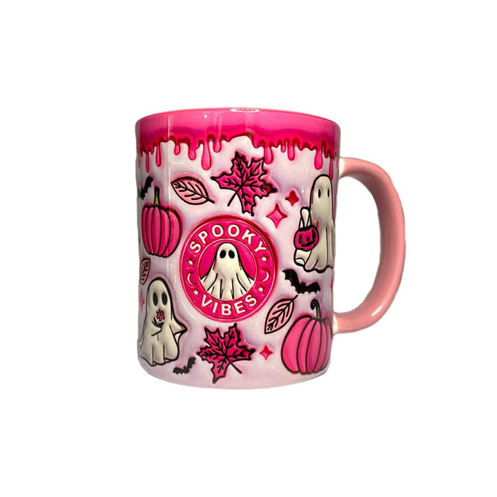 A collection of pumpkin coffee mugs with ghost designs, highlighting their unisex appeal and gift potential.