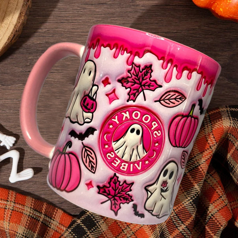 Stylish pumpkin coffee mug with a subtle ghost illustration, adding a touch of spooky charm to your kitchen.