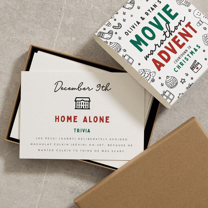 Christmas Advent Calendar Card Set, 25 cards with unique holiday movie and song prompts for countdown