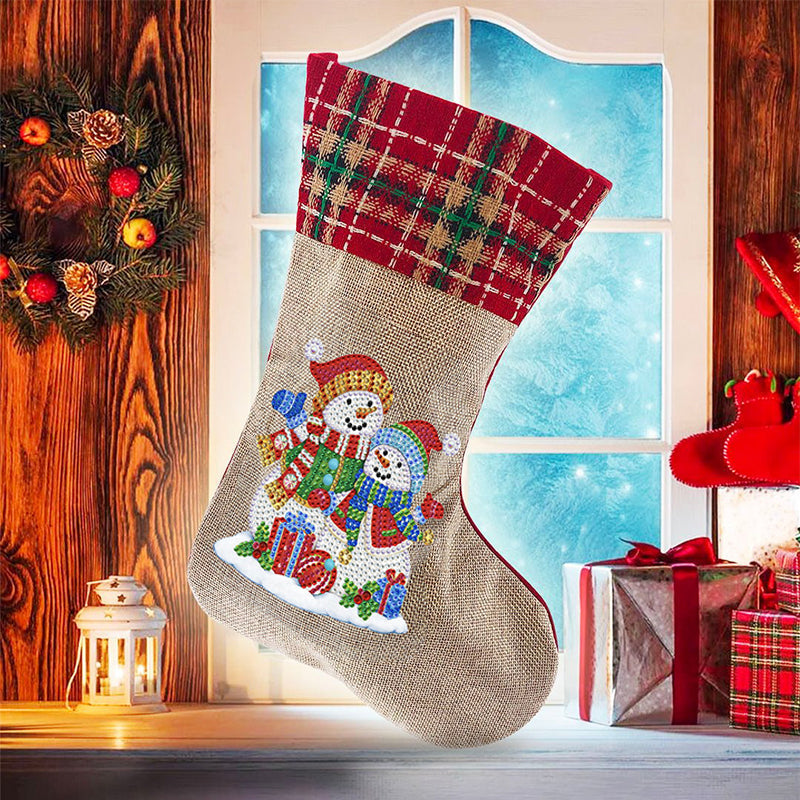 Side-by-side comparison of an unfinished and finished Christmas Diamond Art Stocking