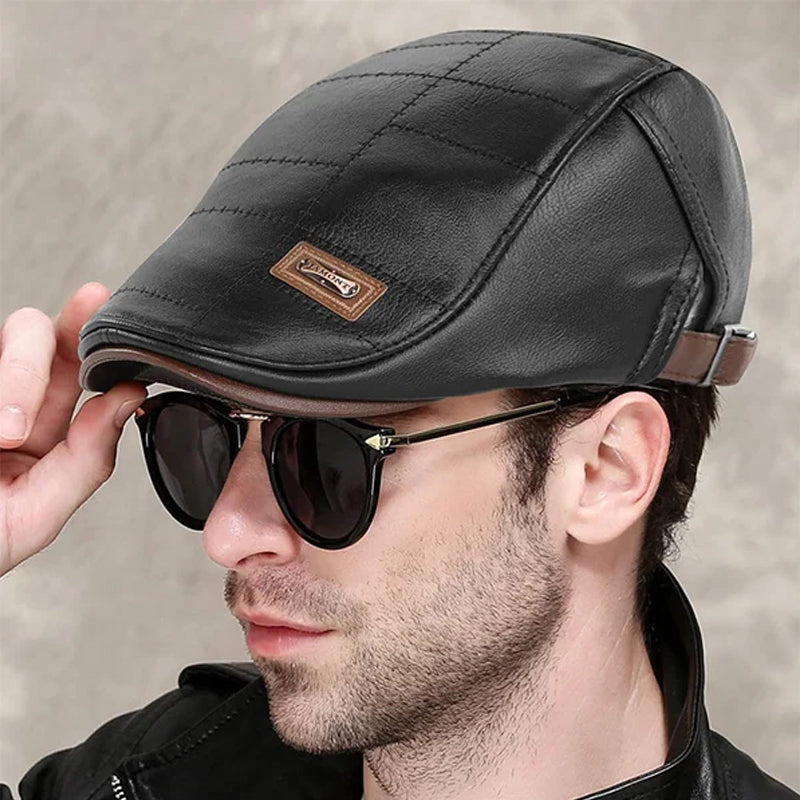 Unisex classic faux leather beret cap in black, perfect for autumn fashion & vintage style.