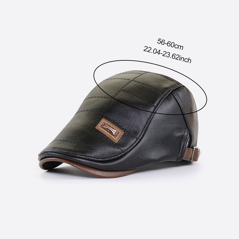 Textured faux leather beret, offering a classic hat look with a modern, adjustable fit.