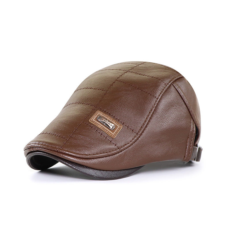 Vintage style faux leather beret cap, showcasing its versatile design for all genders and seasons.