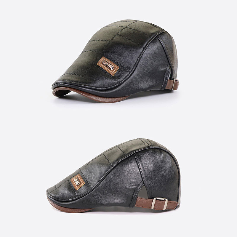 Front view of the classic faux leather beret, ideal for adding a touch of vintage to any outfit.