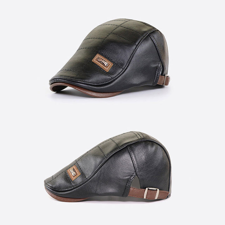 Front view of the classic faux leather beret, ideal for adding a touch of vintage to any outfit.