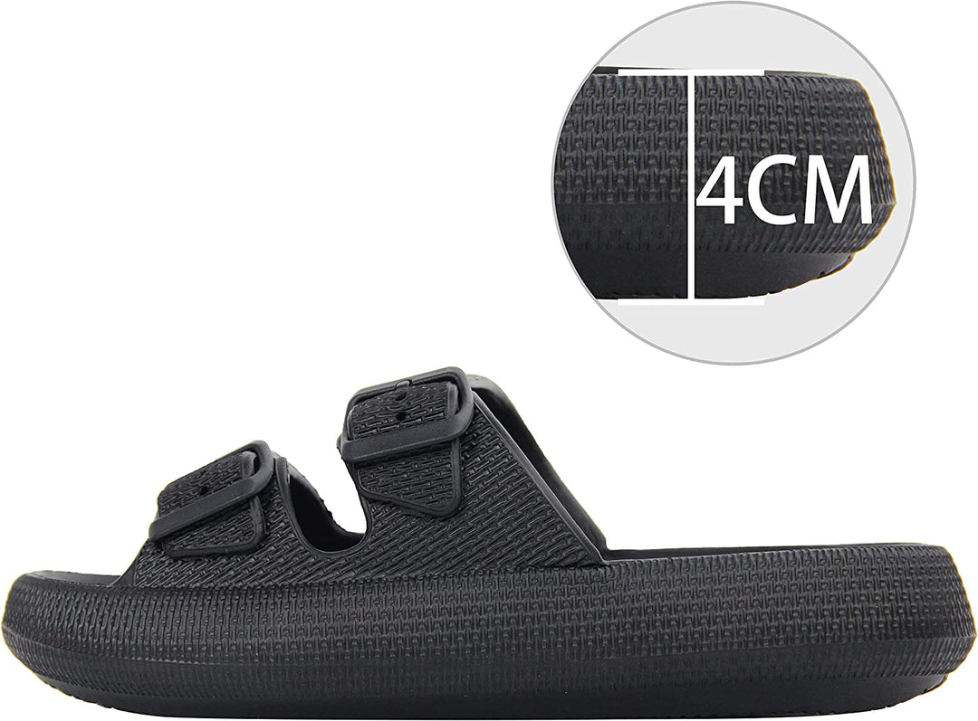 Pair of flexible, cushioned pillow slides, perfect for relaxed casual wear or as comfortable house slippers.