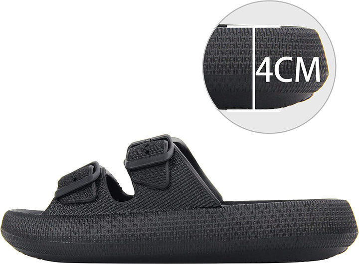 Pair of flexible, cushioned pillow slides, perfect for relaxed casual wear or as comfortable house slippers.