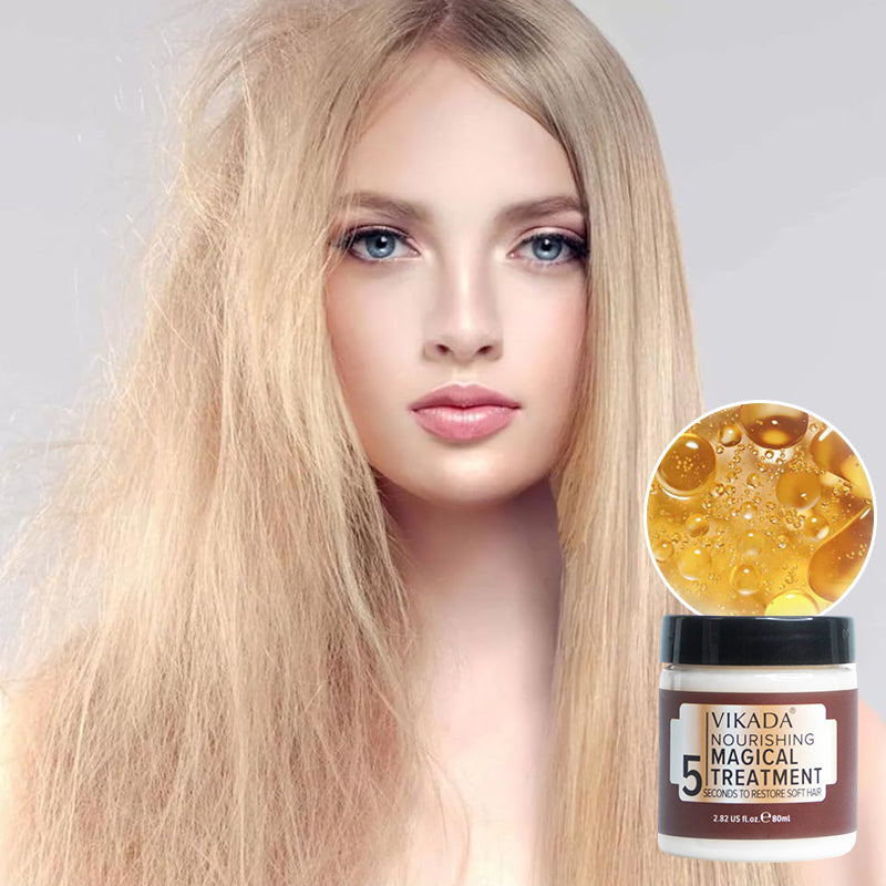 Unisex hair treatment jar with natural ingredients shown, emphasizing collagen for deep repair and hydration.