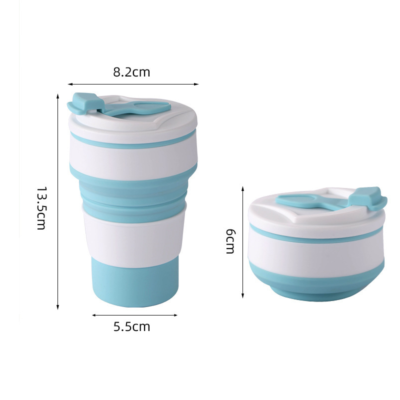 Collapsible silicone water bottle with measurement markings, blue, for tracking fluid intake
