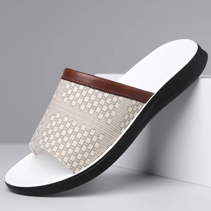 Unisex comfort slide sandals with a detailed woven strap design, perfect for summer casual wear
