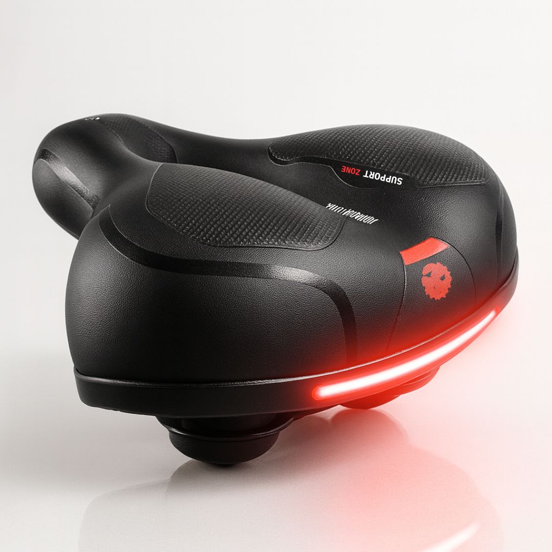 Durable unisex bicycle seat with reflective accents & shock-absorbing suspension for safe, comfortable rides.