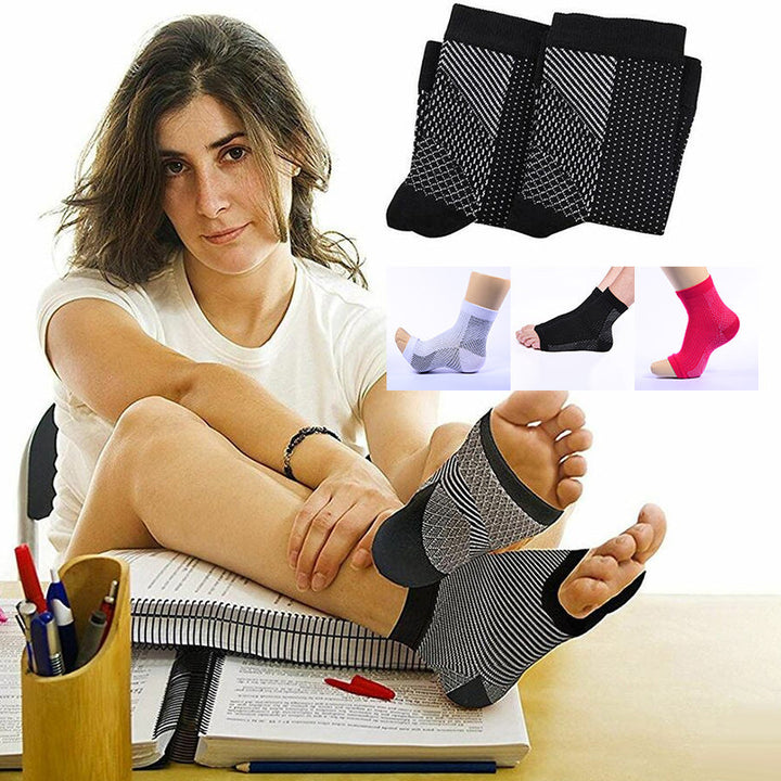Pair of Unisex Compression Foot Relief Socks, side view, showing ankle and arch support features