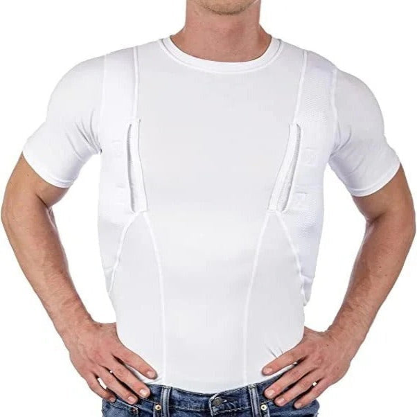 Unisex concealed carry t-shirt with ambidextrous dual holsters for discreet personal security.