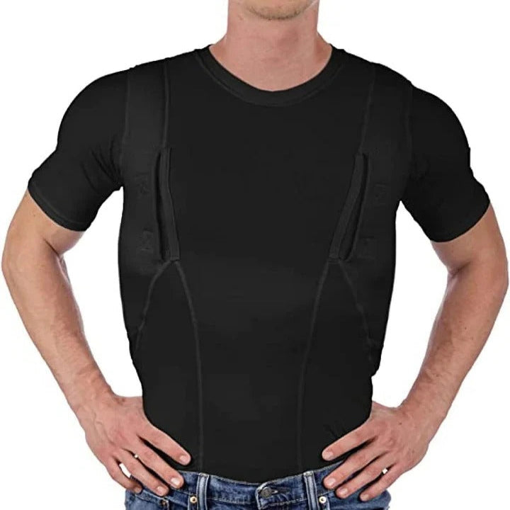 Stealth compression concealed carry t-shirt, offering hidden dual holsters for everyday carry.