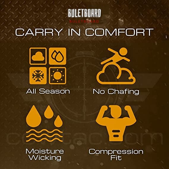 Ambidextrous concealed carry t-shirt with hidden pockets and dual holsters for security.
