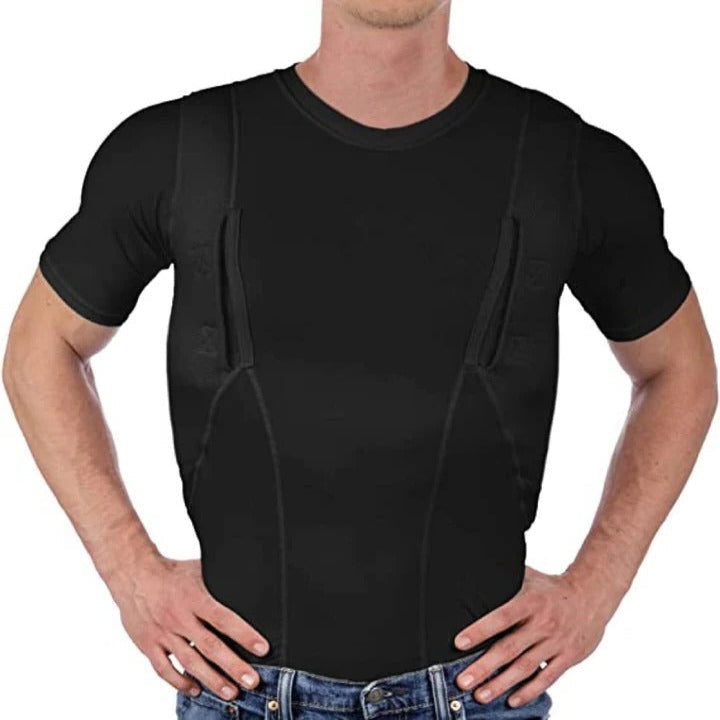 Comfortable unisex concealed carry t-shirt, designed with dual holsters for personal security.