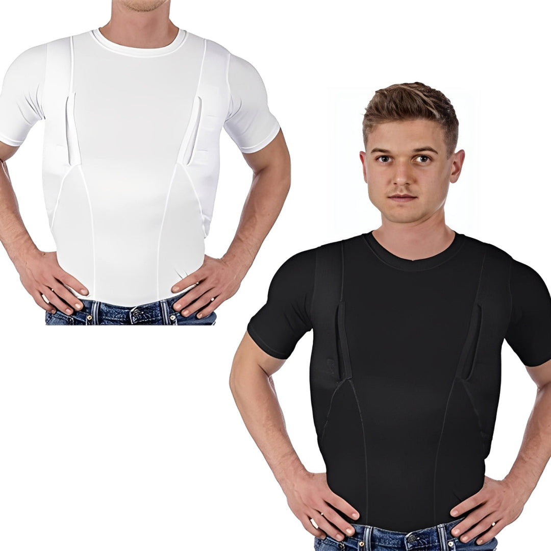 Unisex tactical gear concealed carry compression t-shirt with integrated dual holsters.
