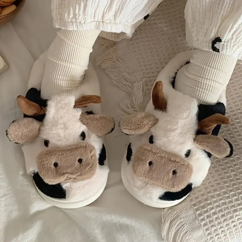 Cute black and white cow print plush slippers, funny unisex indoor footwear for cozy home comfort.