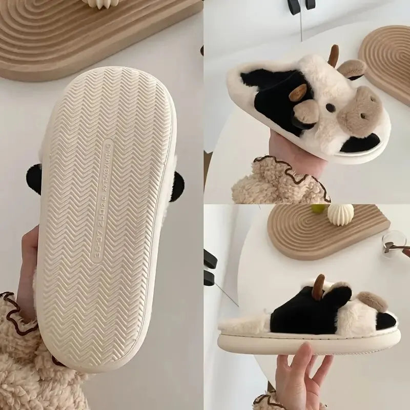 Soft novelty cow plush slippers, unisex animal footwear providing ultimate comfort for home relaxation.