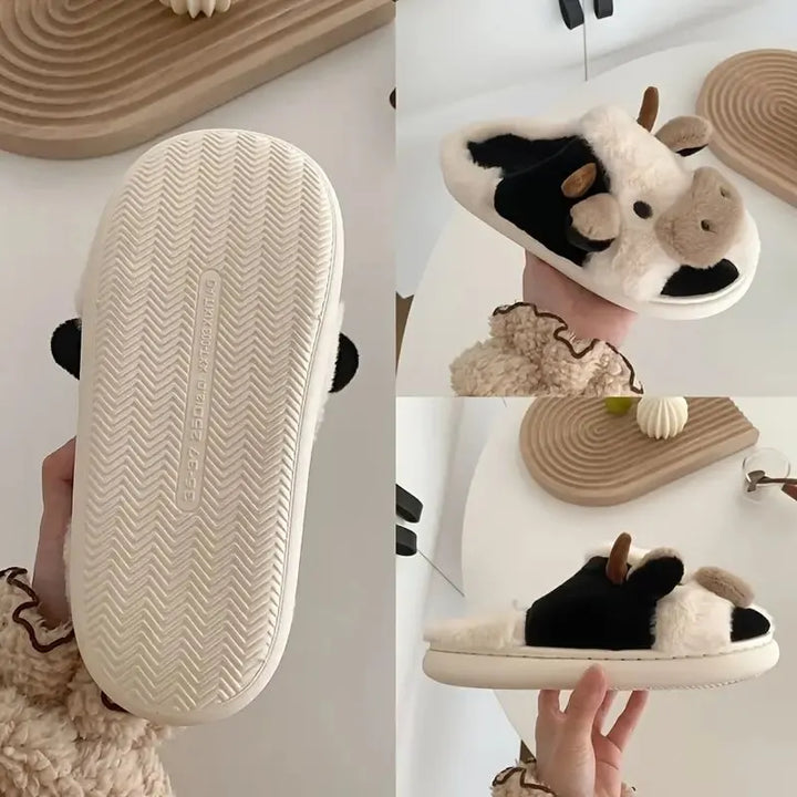 Soft novelty cow plush slippers, unisex animal footwear providing ultimate comfort for home relaxation.
