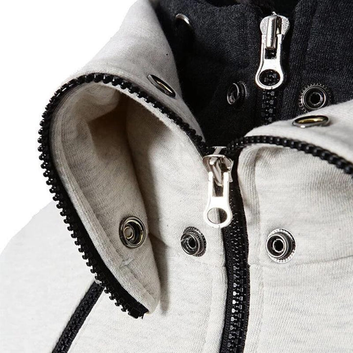 Detail of the durable zipper and collar on a windproof unisex jacket