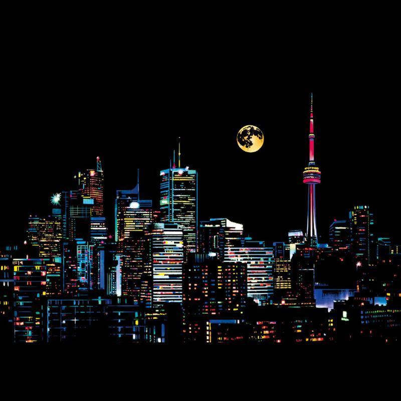 Close-up of a specific Night Scene Scratch Art design, showcasing the shimmering, metallic effect