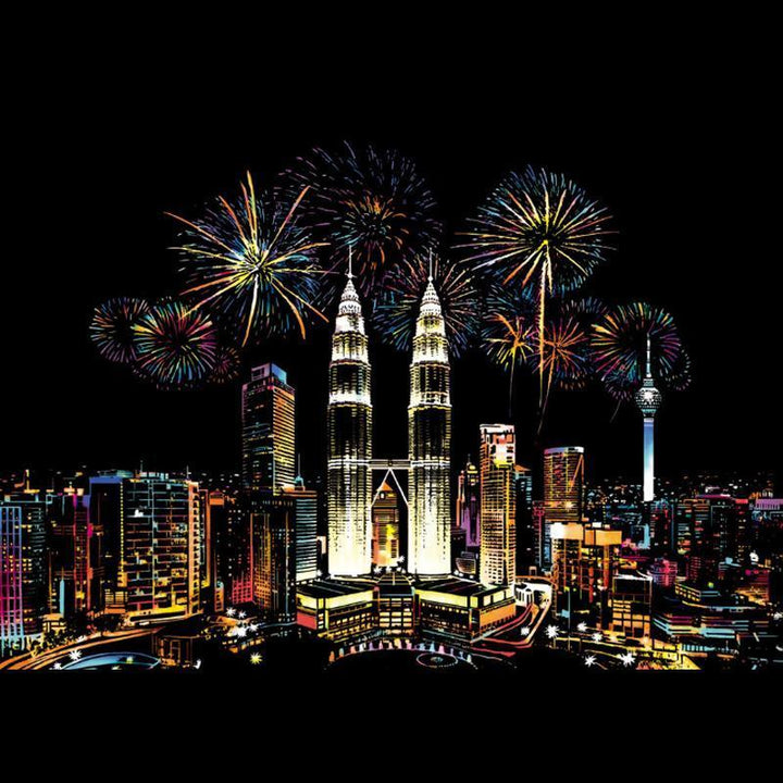 Unisex Scratch Art Kit for all ages, featuring a captivating night cityscape design