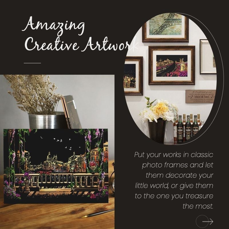 Completed Night Scene Scratch Art showing vibrant colors against a dark background, ideal for home decor