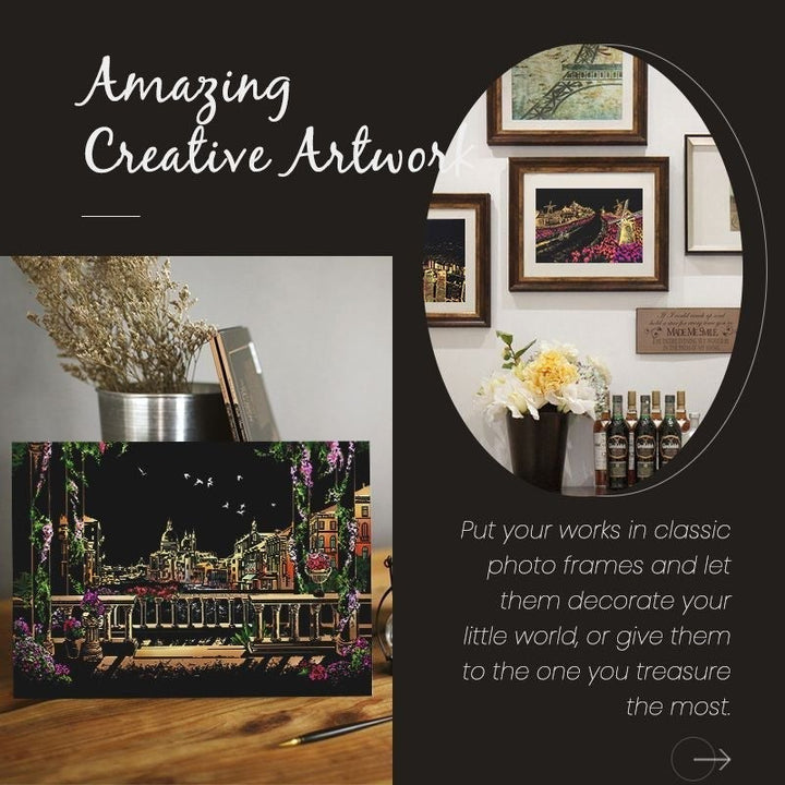 Completed Night Scene Scratch Art showing vibrant colors against a dark background, ideal for home decor