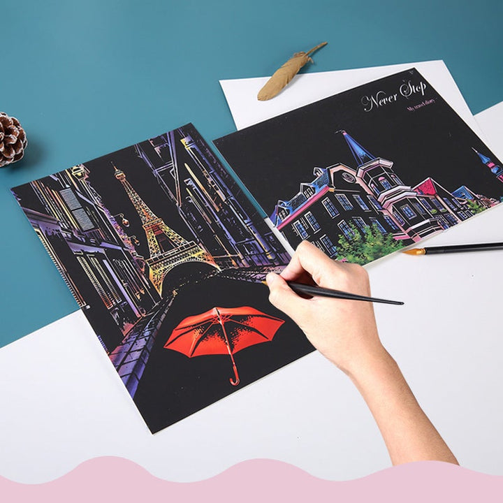 Gift for artists: comprehensive Night Scene Scratch Art Kit with diverse tools and patterns