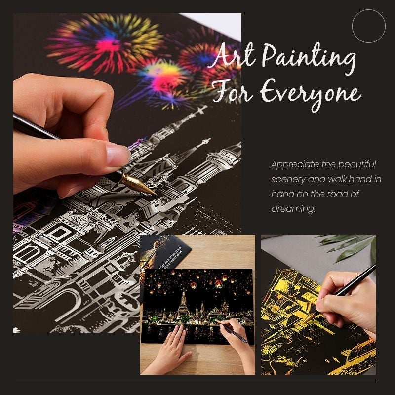 Close-up of a person scratching a night scene art kit, focusing on intricate details and creative process