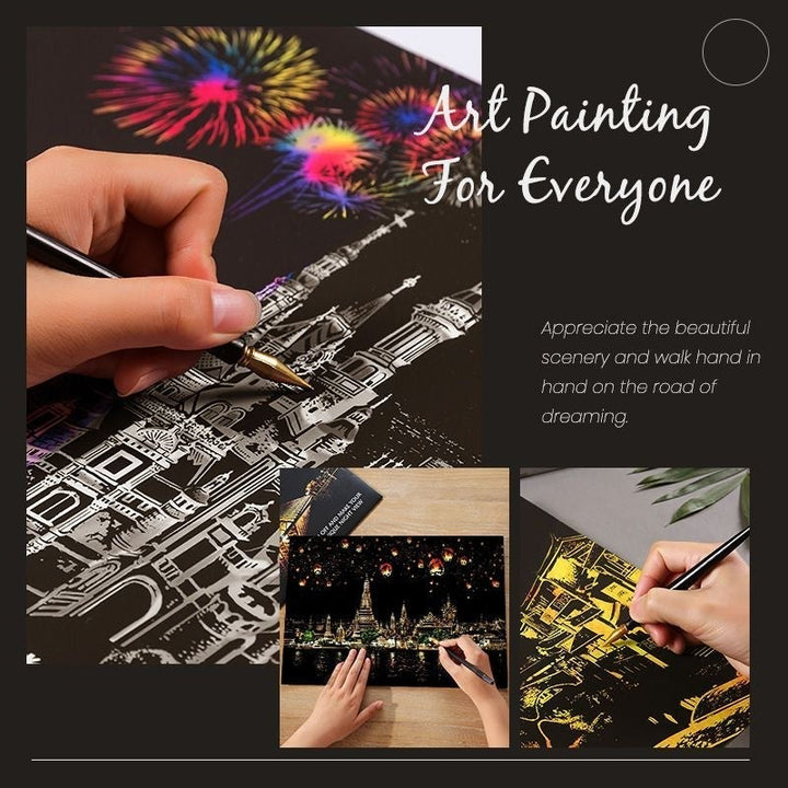 Close-up of a person scratching a night scene art kit, focusing on intricate details and creative process