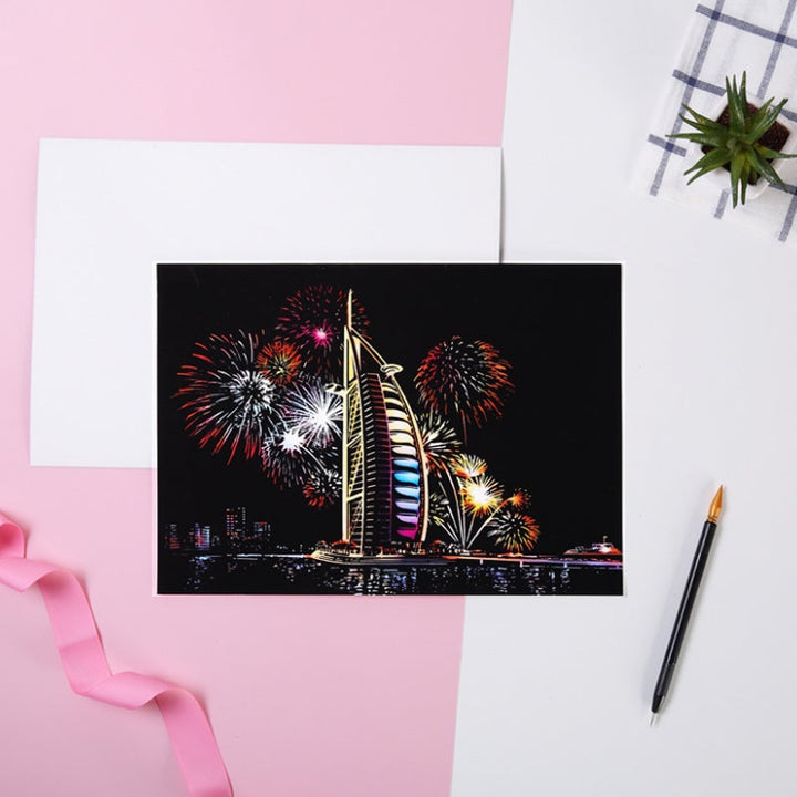 Various Night Scene Scratch Art designs, including famous landmarks and cityscapes, for art therapy