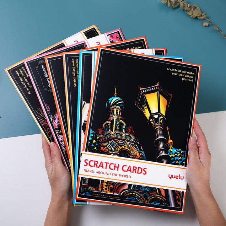 Packaging of the Unisex Creative Night Scene Scratch Art Kit, highlighting its contents & benefits