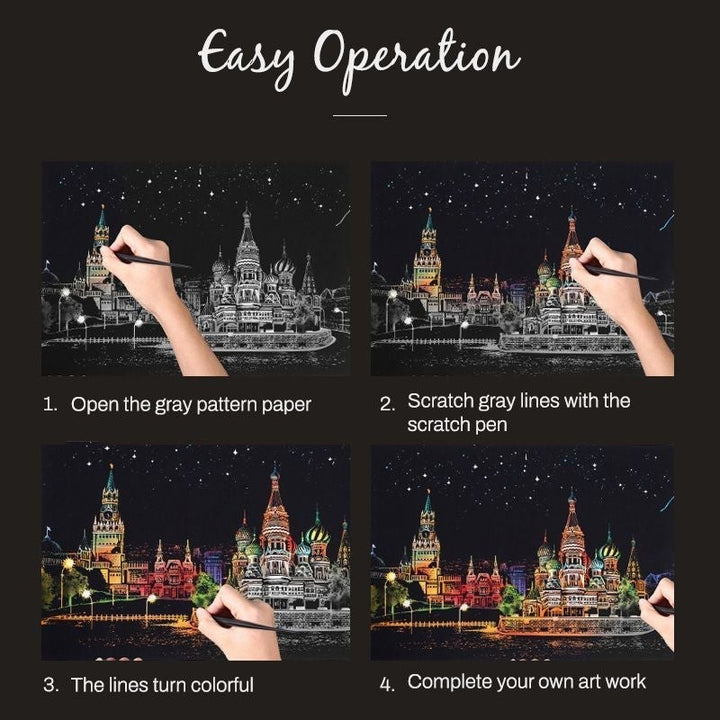 Child enjoying the Night Scene Scratch Art Kit, showcasing its appeal as an educational toy & activity