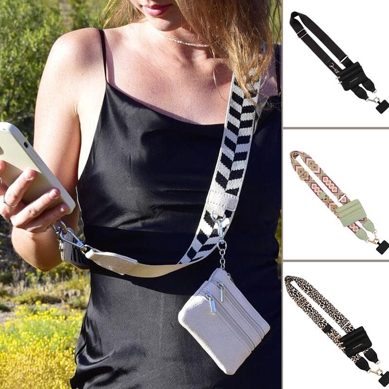 Unisex crossbody phone strap with black nylon, allowing hands-free phone carrying with a small zipper pouch.