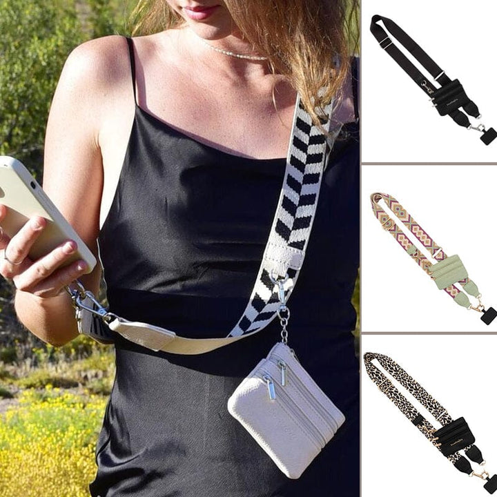 Unisex crossbody phone strap with black nylon, allowing hands-free phone carrying with a small zipper pouch.