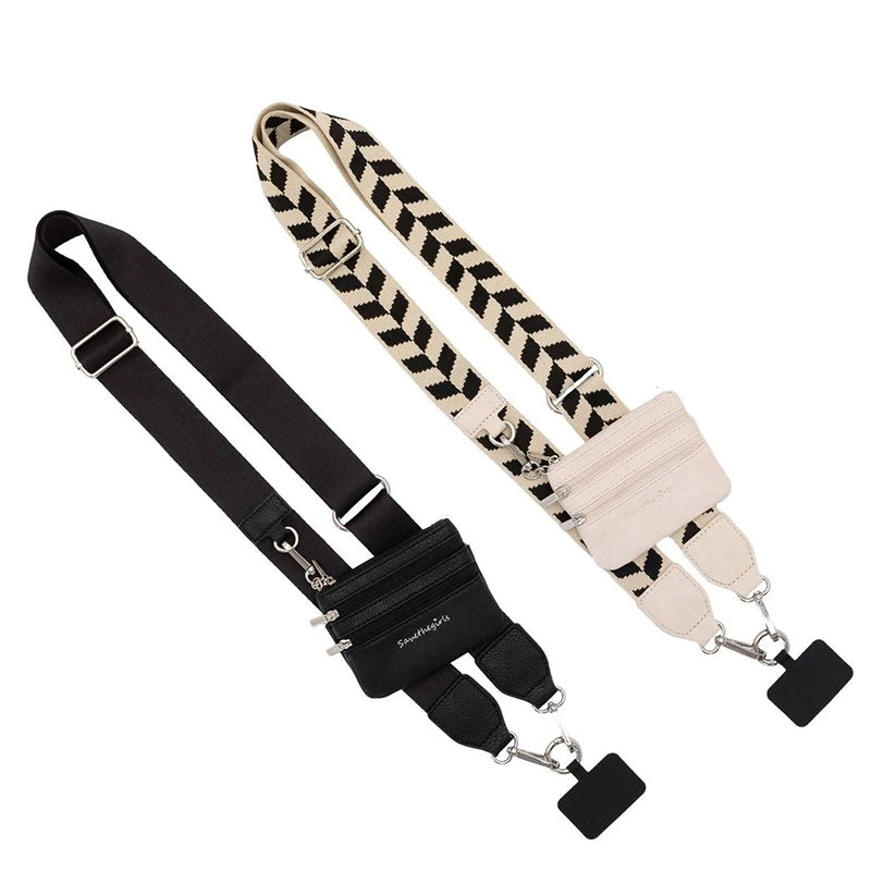 Unisex black phone strap, worn crossbody, ensuring your phone is always accessible with its pouch.